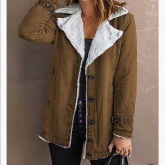 NEW Denim Fur Lined Lapel Coat - Picture 7 of 11